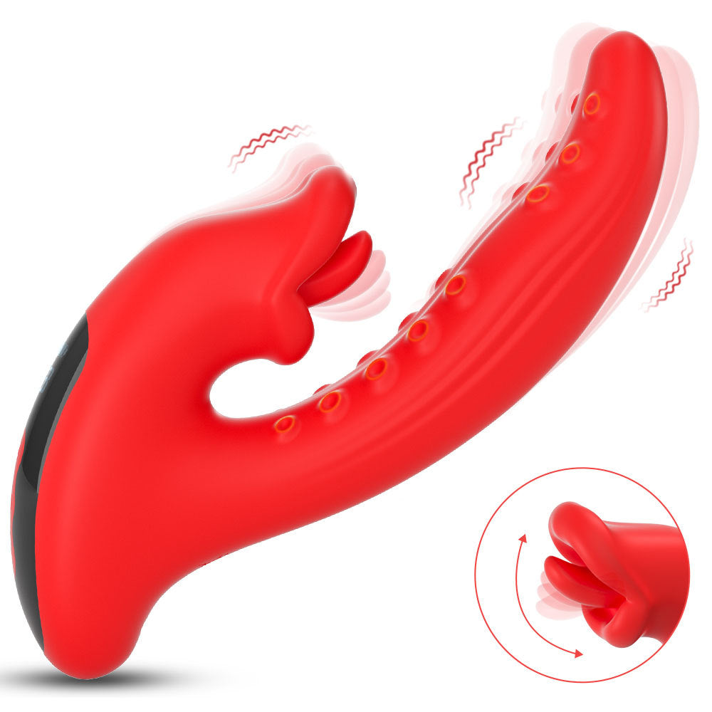 Vibromasseur double action avec vibration interne et stimulation externe par langue.