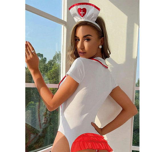 Vue arrière du costume infirmière sexy N23288 révélant une coupe près du corps et une longueur mini.
