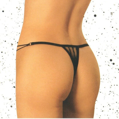 Image mettant en avant l’élégance intemporelle du string noir semi-transparent aux lignes épurées.