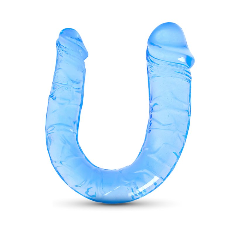 Gode réaliste à double extrémité en TPE bleu clair, 34 cm. Deux tailles utilisables, étanche et livré en blister.