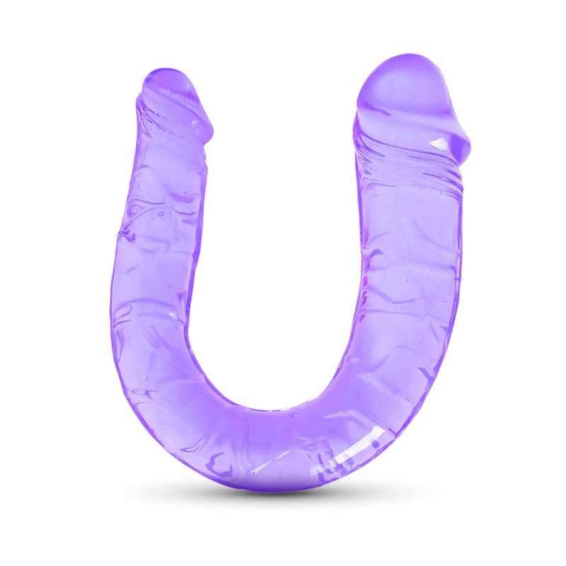 Gode réaliste à double extrémité en TPE violet transparent, 34 cm. Deux embouts utilisables et emballage blister.