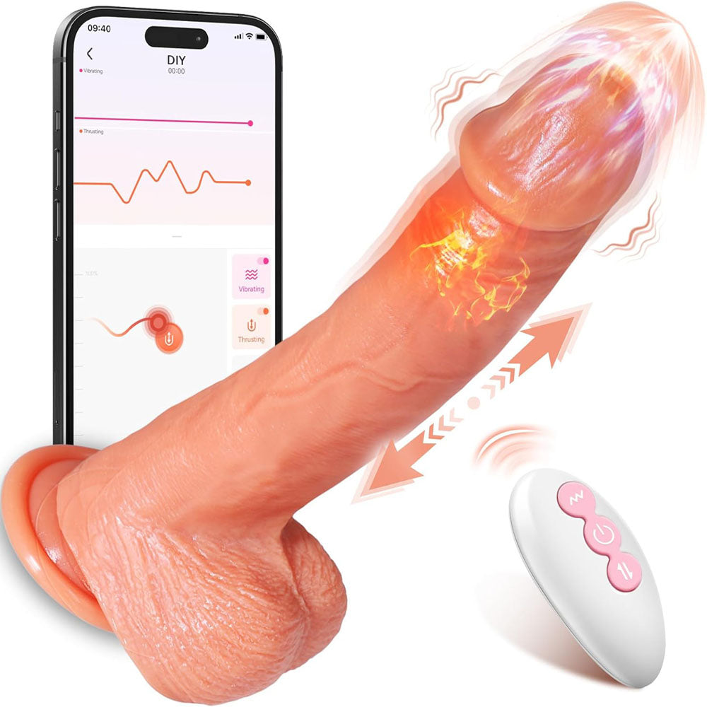 Gode vibrant en silicone médical avec chauffage, 9 modes et contrôle via application. Étanche, rechargeable et conçu pour une stimulation interne personnalisée.