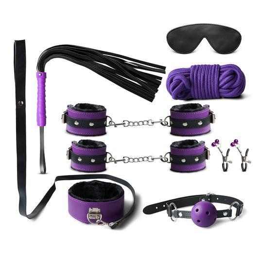 Kit BDSM 8 pièces Violet et Noir avec accessoires Bondage