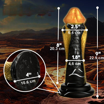 Sextoy fantasy en silicone médical doré et noir avec tête de serpent détaillée pour collectionneurs.