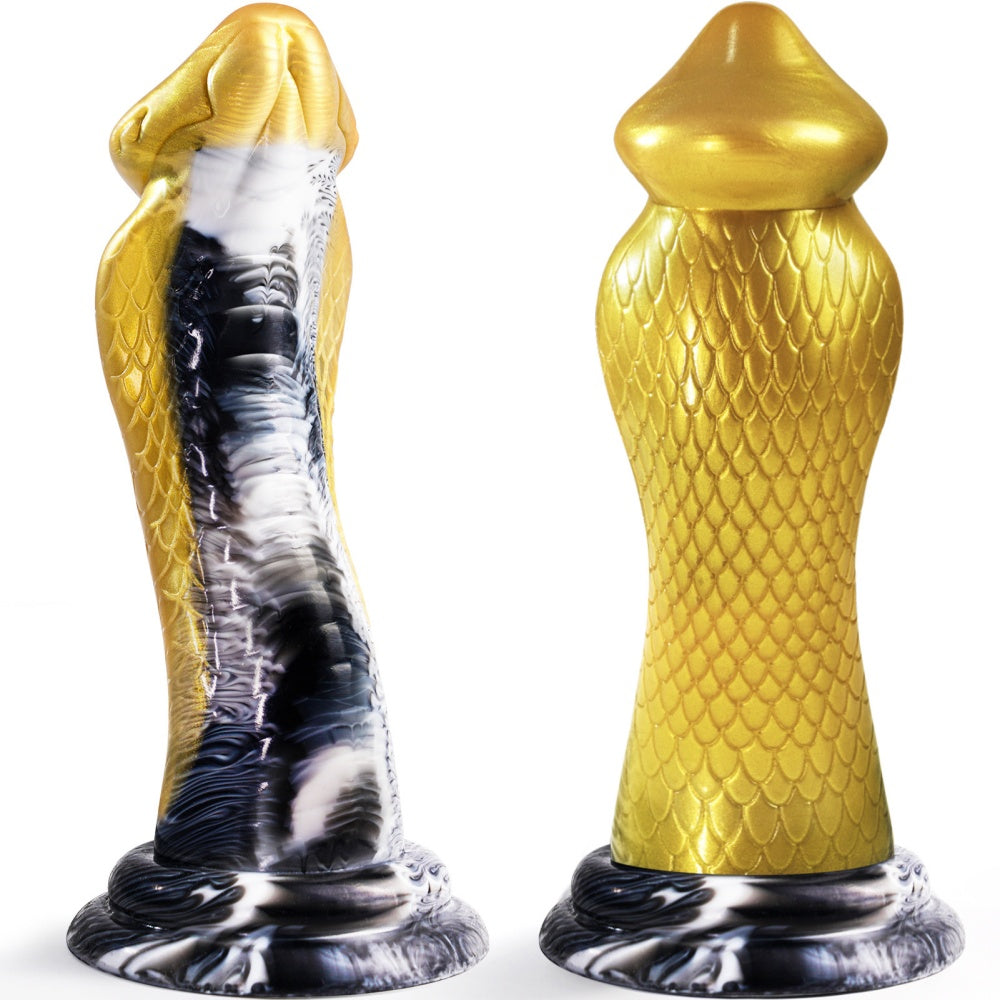 Sextoy fantasy avec tête de serpent sculptée, texture reptilienne et longueur insérable de 20 cm.