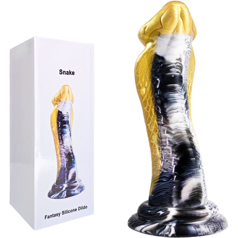 Gode exotique en silicone médical pour utilisateurs expérimentés, design serpent doré et noir.