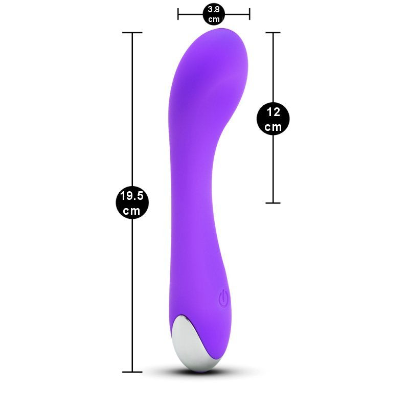 Sextoy vibromasseur point G violet en silicone médical avec 10 vibrations, rechargeable sans phtalates ni latex.