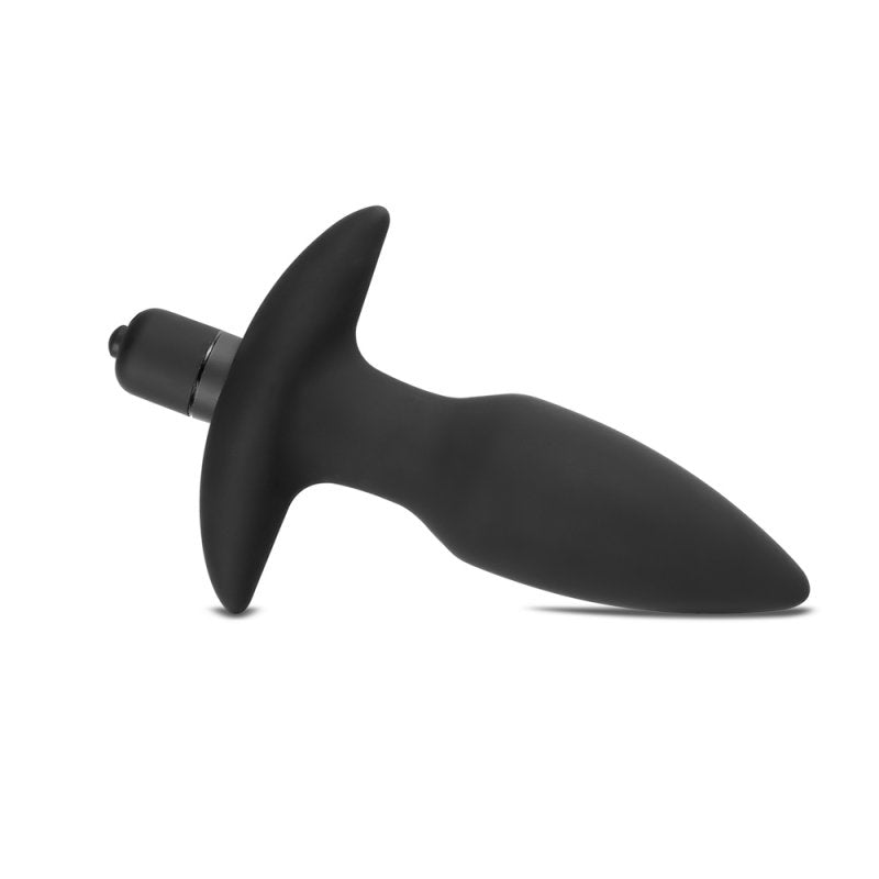 Accessoire intime anal en silicone noir avec fonction vibrante et texture lisse.