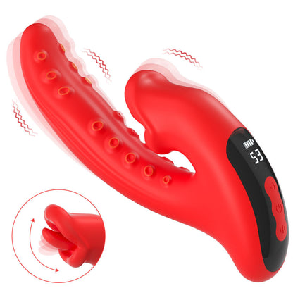 Vibromasseur en silicone avec langue stimulante et tige flexible pour double stimulation.