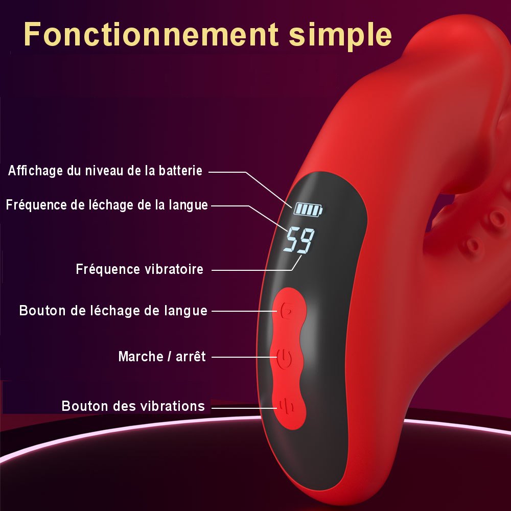 Vibromasseur en silicone souple avec langue mobile et design ergonomique.