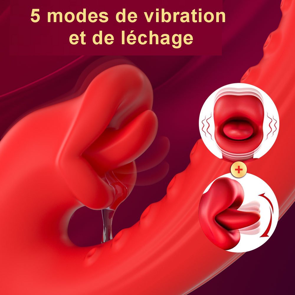 Vibromasseur rechargeable étanche avec stimulation vibrante et langue mobile.