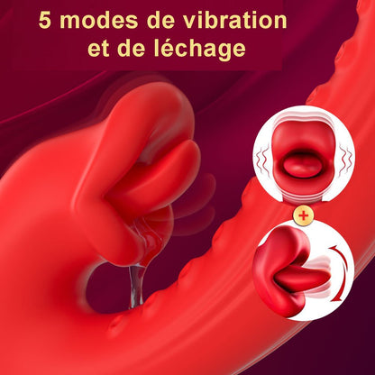 Vibromasseur rechargeable étanche avec stimulation vibrante et langue mobile.