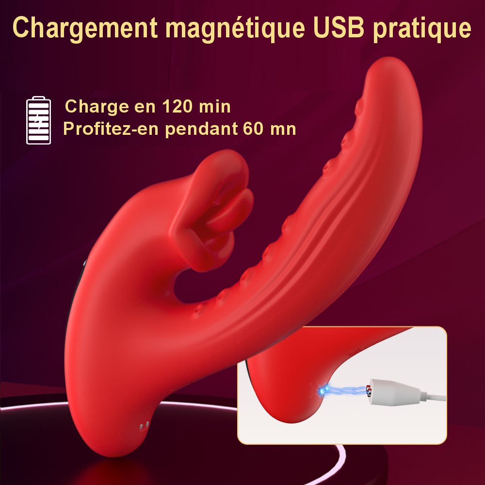 Sextoy rechargeable avec langue mobile et vibration interne en silicone doux.