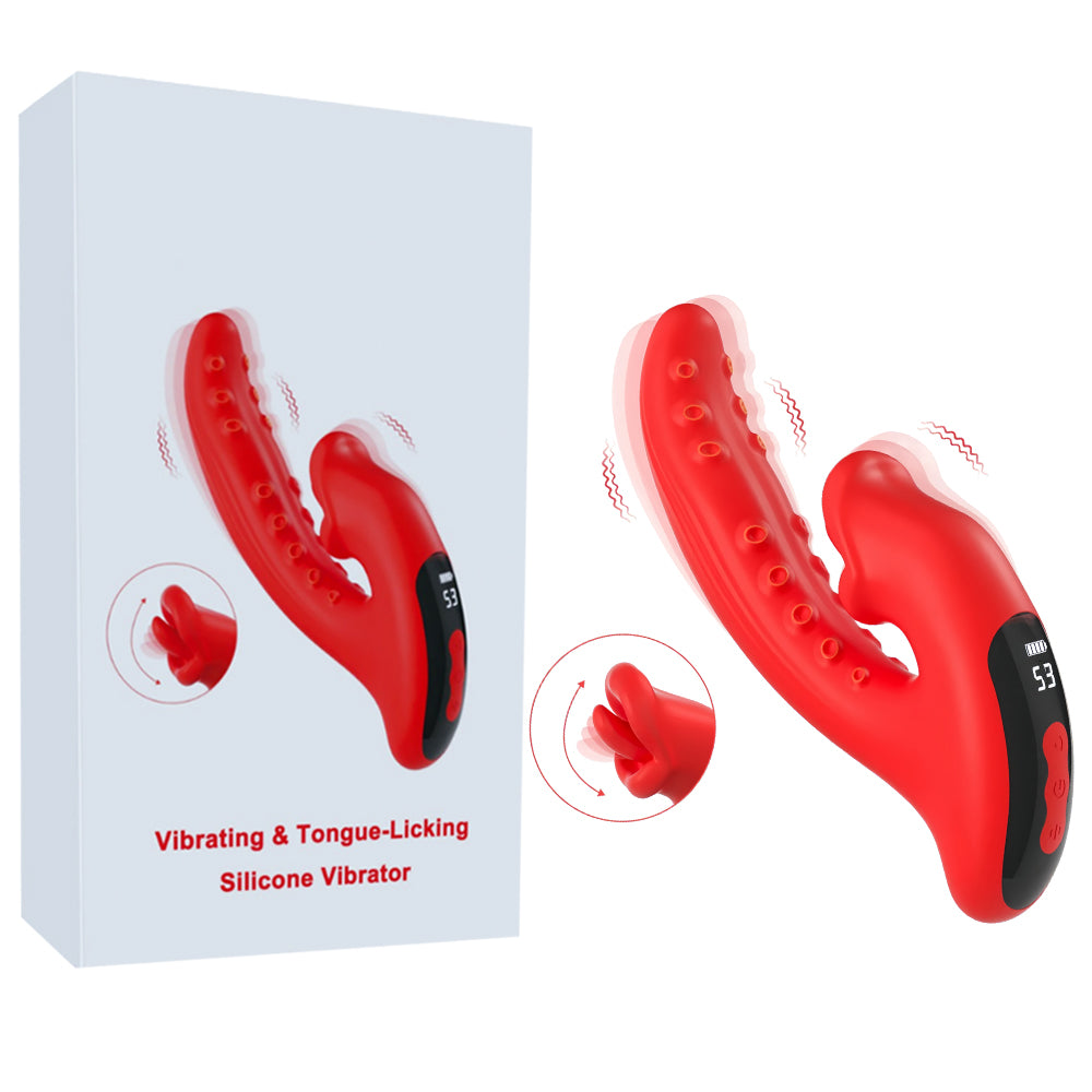 Vibromasseur étanche avec stimulation par langue et tige flexible ergonomique.