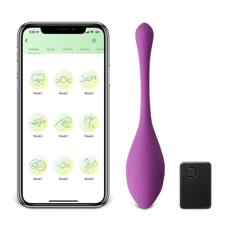 Vibromasseur violet en silicone médical avec 9 vitesses et contrôle par application.