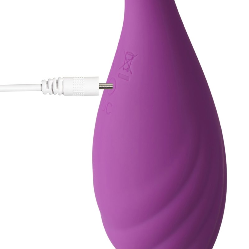 Vibromasseur violet étanche avec 9 intensités et pilotage via smartphone ou télécommande.