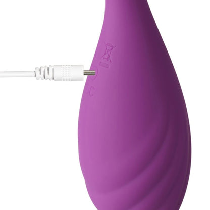 Vibromasseur violet étanche avec 9 intensités et pilotage via smartphone ou télécommande.