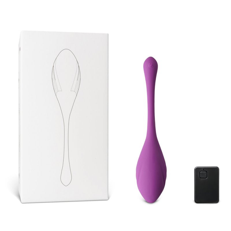 Vibromasseur en silicone violet avec télécommande classique et contrôle connecté.