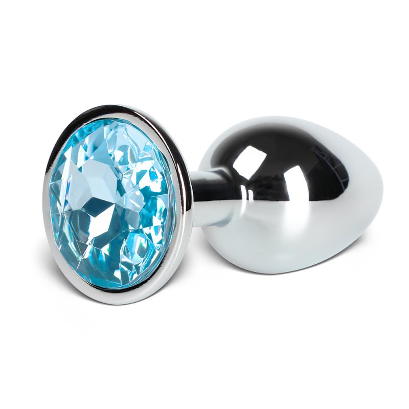 Petit plug anal métallique bleu avec base argentée, format compact pour débutants.