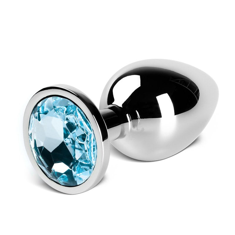 Plug anal métallique bleu moyen avec base argentée, conçu pour une insertion confortable.