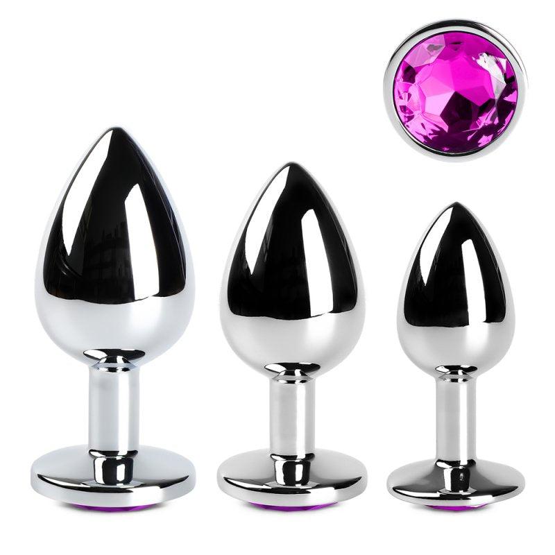 Ensemble de 3 plugs anaux en métal violet et argent tailles progressives