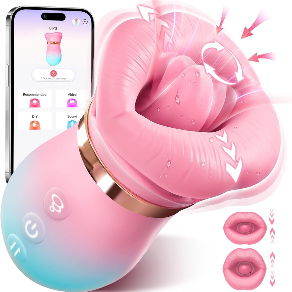 Sextoy compact rose et bleu avec fonctions vibration, rotation et aspiration.