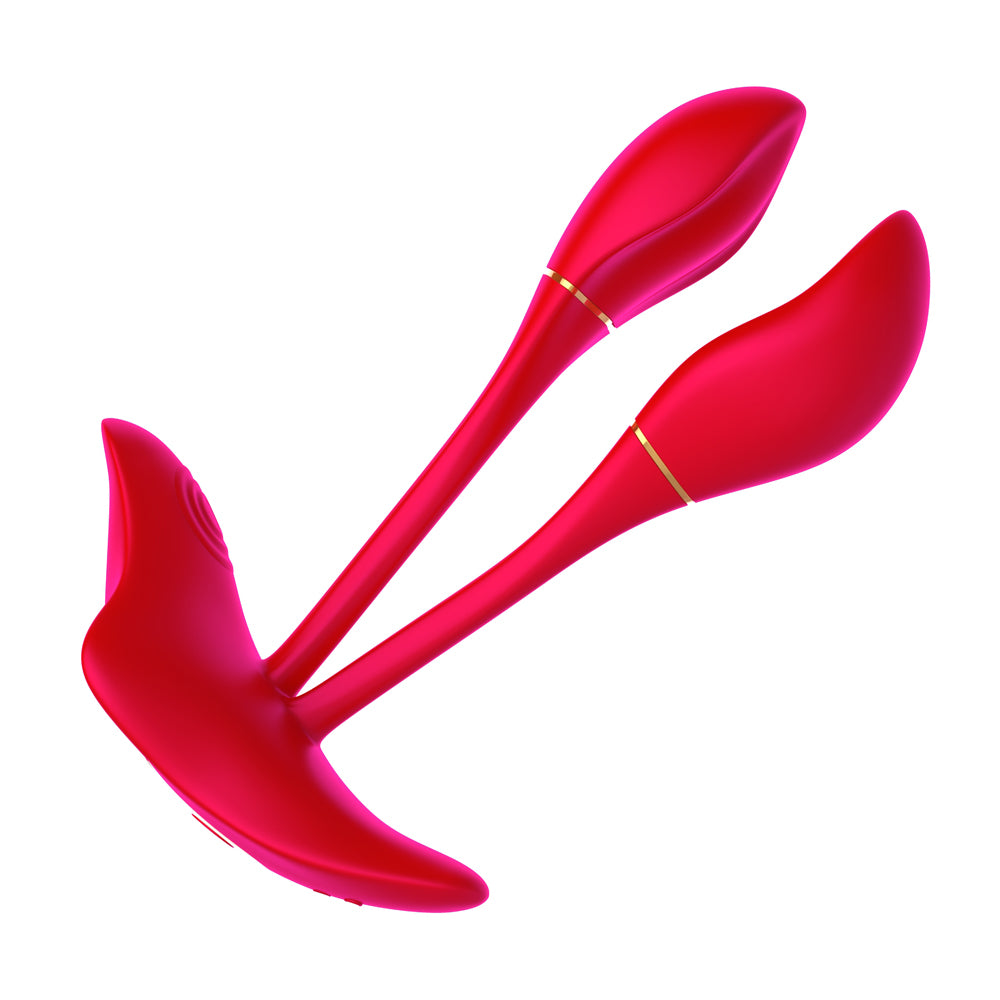 3.	Vue de face du vibromasseur double pointe rouge 13,5 cm