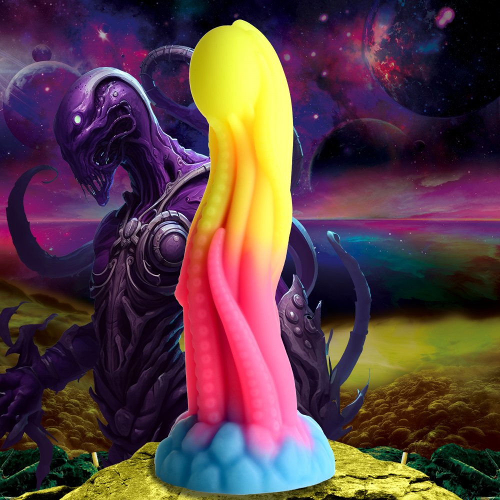 Godemichet en silicone de qualité médicale, motif tentacules sculpté et couleurs dégradées vibrantes.