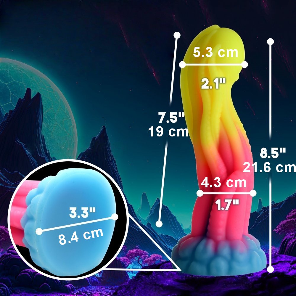 Sextoy fantasy avec textures en ventouses, dégradé multicolore et effet lumineux dans le noir.