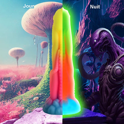 Godemichet exotique en silicone avec motif tentacules et design phosphorescent, idéal pour collectionneurs.