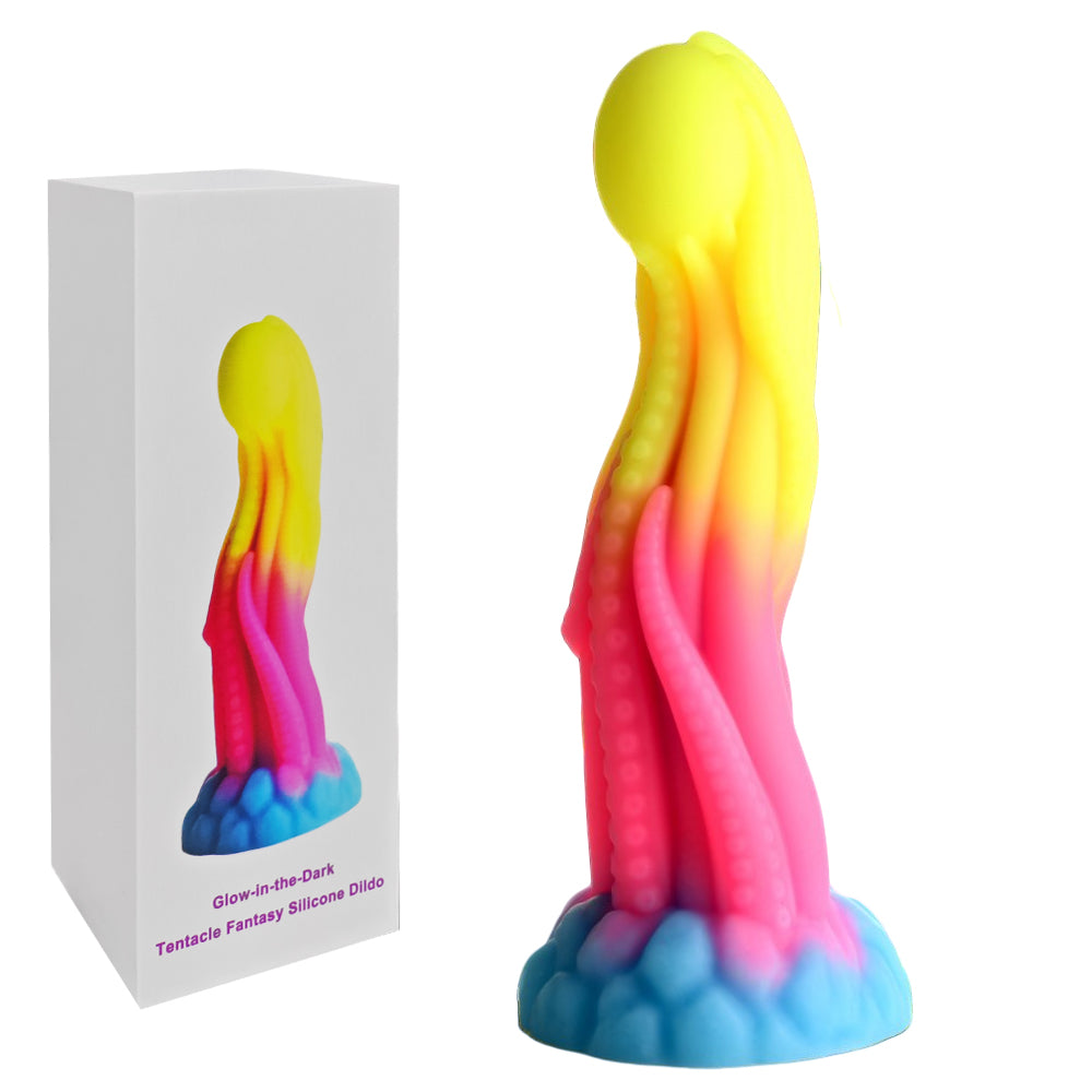 Godemichet fantasy avec motif tentacules, ventouses détaillées et effet lumineux pour jeu ou exposition