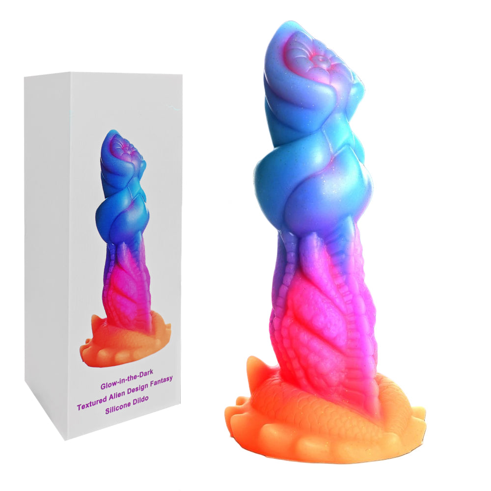 Sextoy fantasy multicolore avec crêtes détaillées et finition phosphorescente, étanche et sûr.