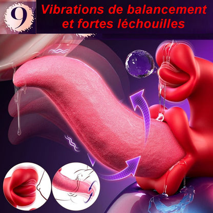 Vibromasseur lapin rouge avec vibrations, rotation et langue stimulante.