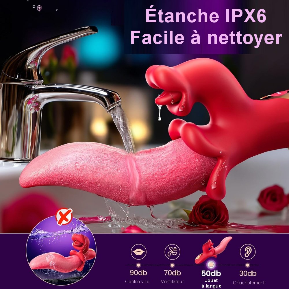 Sextoy rechargeable avec 9 modes de vibration et langue rotative.