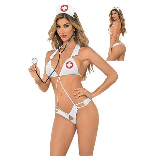 Costume d’infirmière sexy 2 pièces pour femme avec col licou, décolleté en V plongeant, buste orné du symbole de la Croix-Rouge, sangle blanche décorative du buste à la hanche et coiffe assortie.