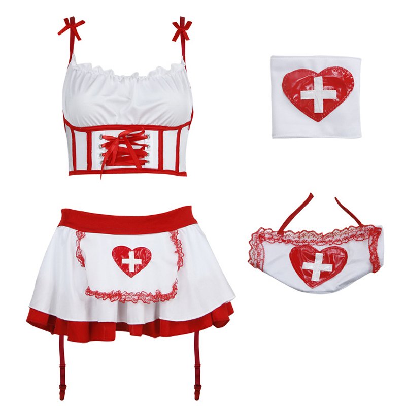 Costume d’infirmière sexy 4 pièces comprenant un haut court à col licou avec volants et laçage, une mini-jupe à croix rouge avec bordure à volants, ainsi qu’un couvre-chef et des manchettes assortis.