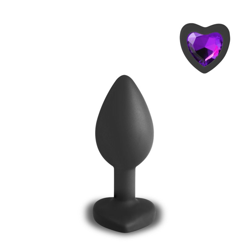 Plug anal silicone noir avec bijou cœur violet petite taille débutant