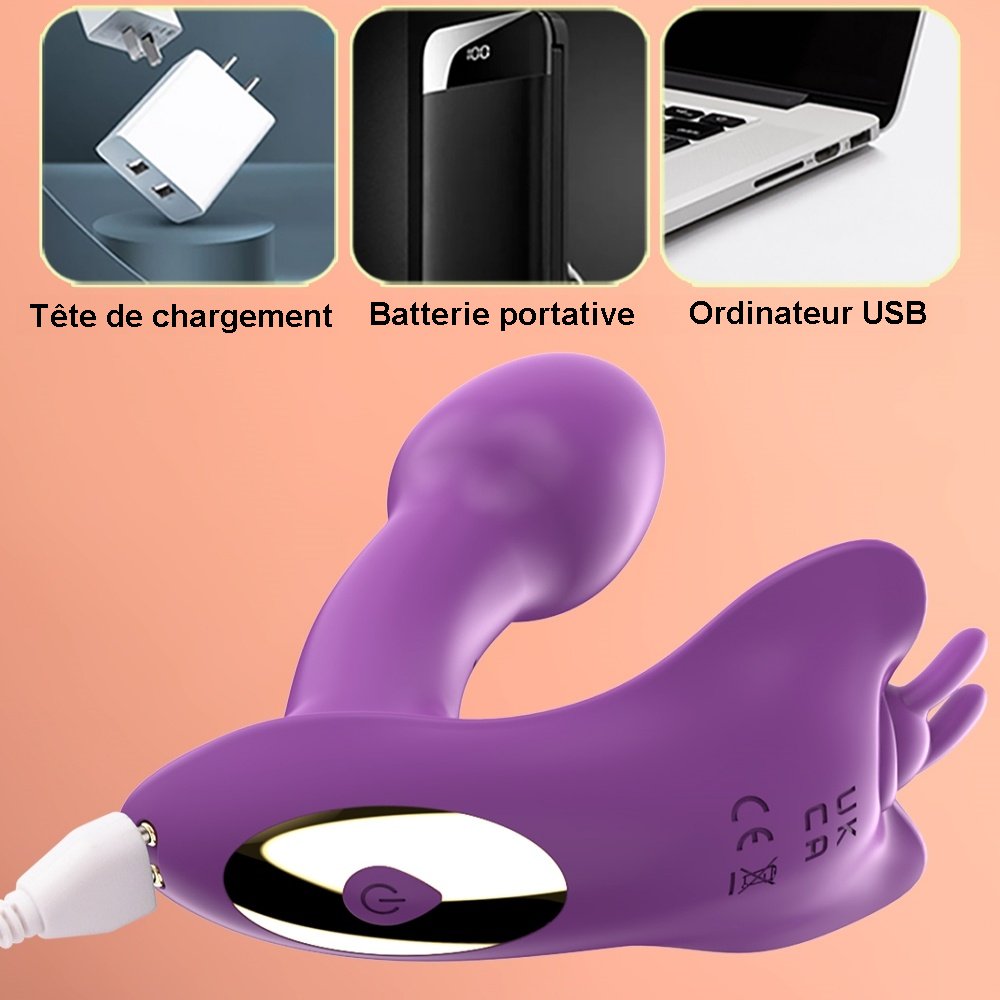 Stimulateur discret à porter sous les vêtements, avec vibrations réglables et connexion mobile. Silicone médical et charge magnétique.