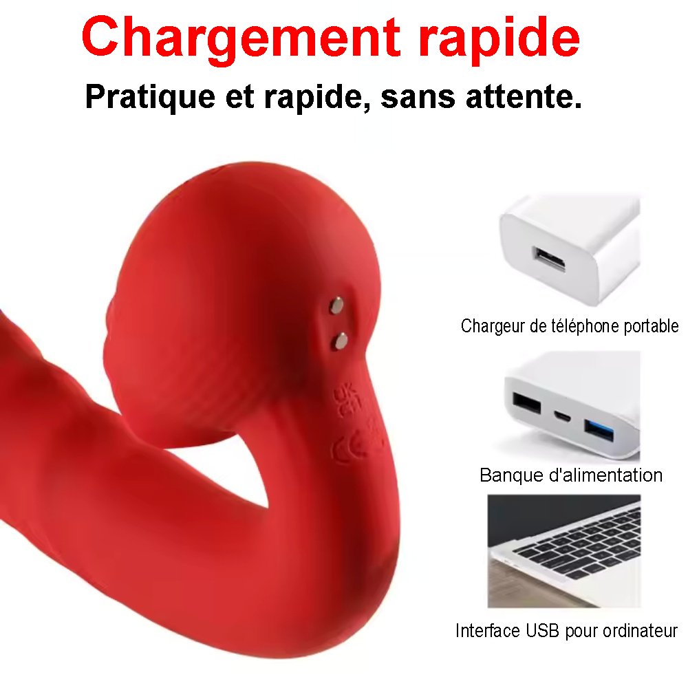 Vibromasseur en silicone médical avec triple technologie : vibration, va‑et‑vient et surface dynamique. Recharge rapide et utilisation confortable.