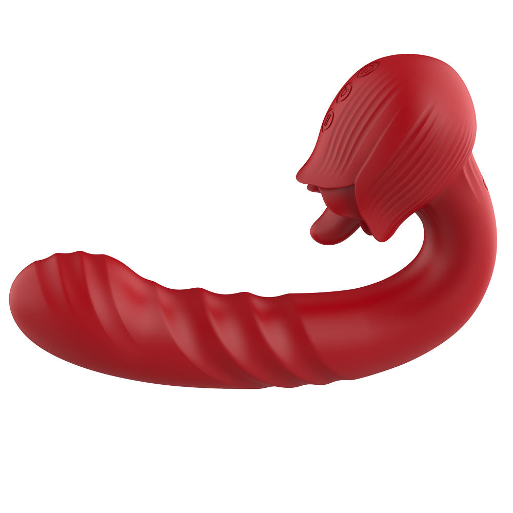 Stimulateur en silicone médical avec vibrations, poussée et effet langue. Rechargeable, étanche et doté de 10 modes pour une utilisation polyvalente.