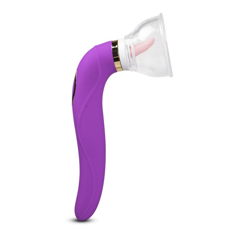Sextoy violet combinant succion clitoridienne, langue vibrante et deux embouts de tailles différentes.