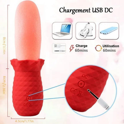 Sextoy avec embout en forme de langue et vibrations pour stimulation ciblée.