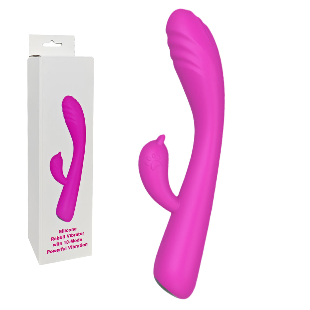 1.	Vibromasseur magenta en silicone médical avec tige courbée et bras flexible, présenté sur fond neutre pour mettre en valeur son design moderne.