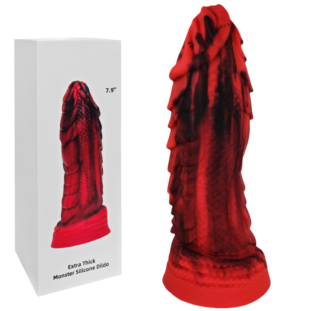 Sextoy en silicone médical avec tige épaisse, écailles réalistes et stimulation écrasante.