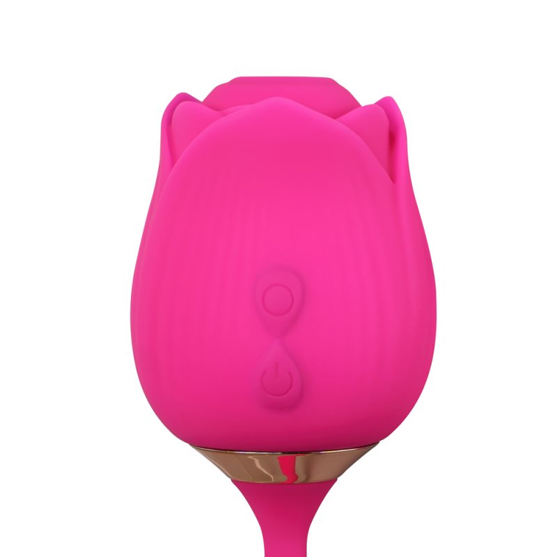 Stimulateur intime en forme de rose rouge avec 10 niveaux d’intensité et vibromasseur intégré.