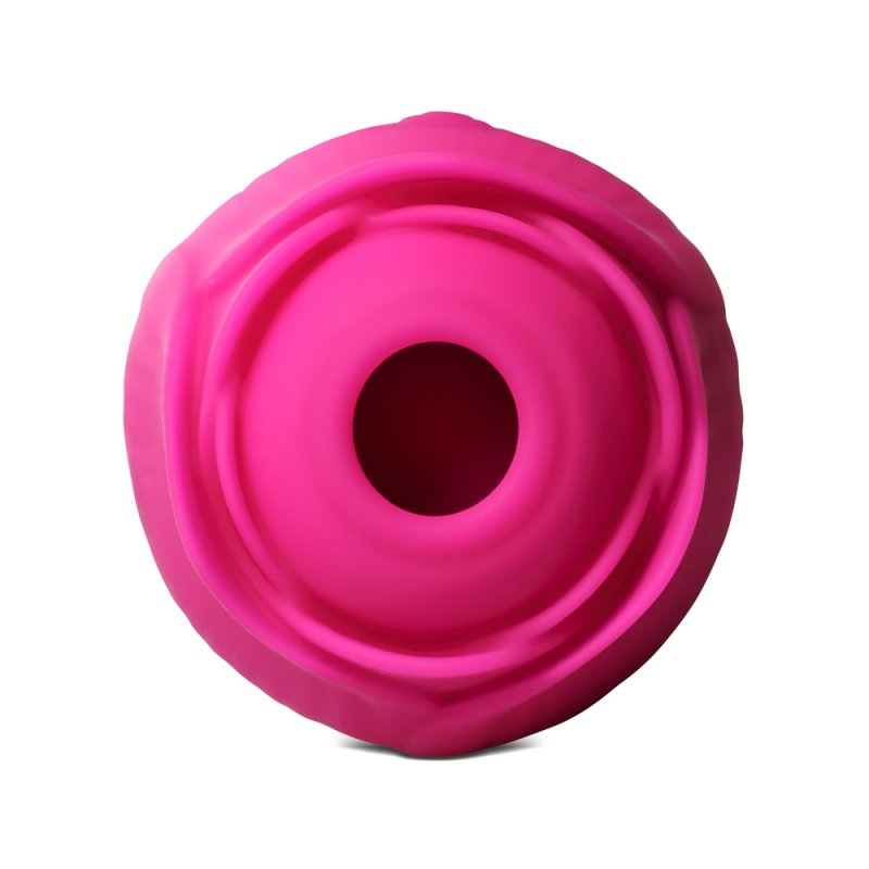 Sextoy rose rouge en silicone combinant succion clitoridienne et vibrations réglables.