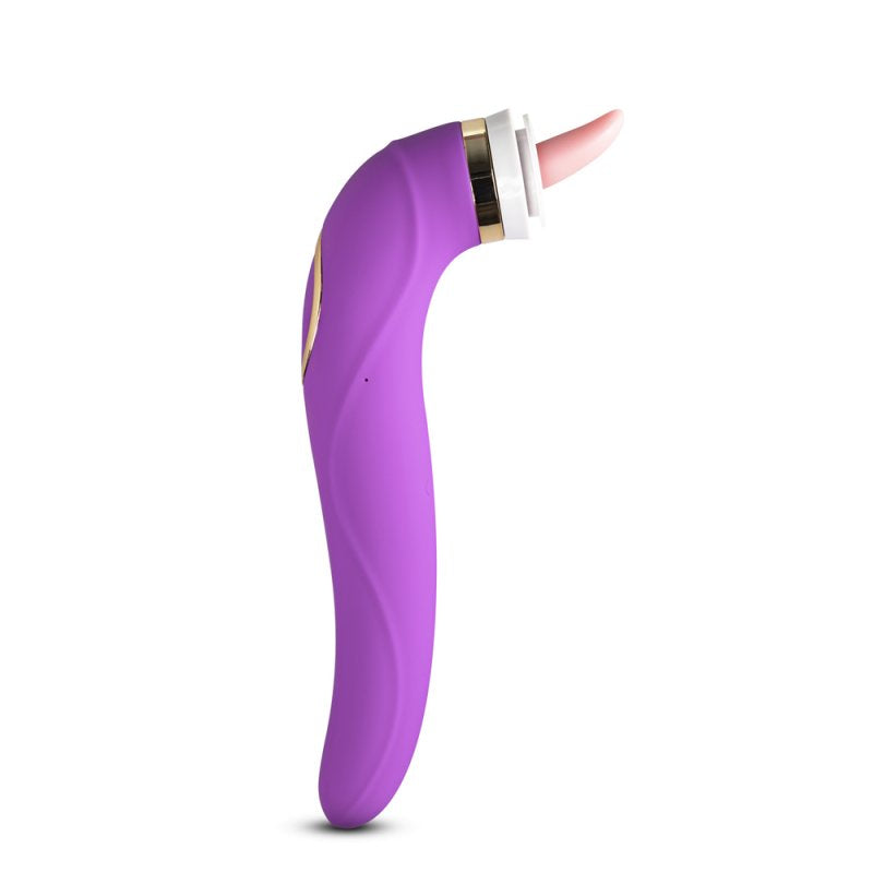 Vibromasseur clitoridien violet à 8 vitesses avec langue stimulante et deux têtes interchangeables.