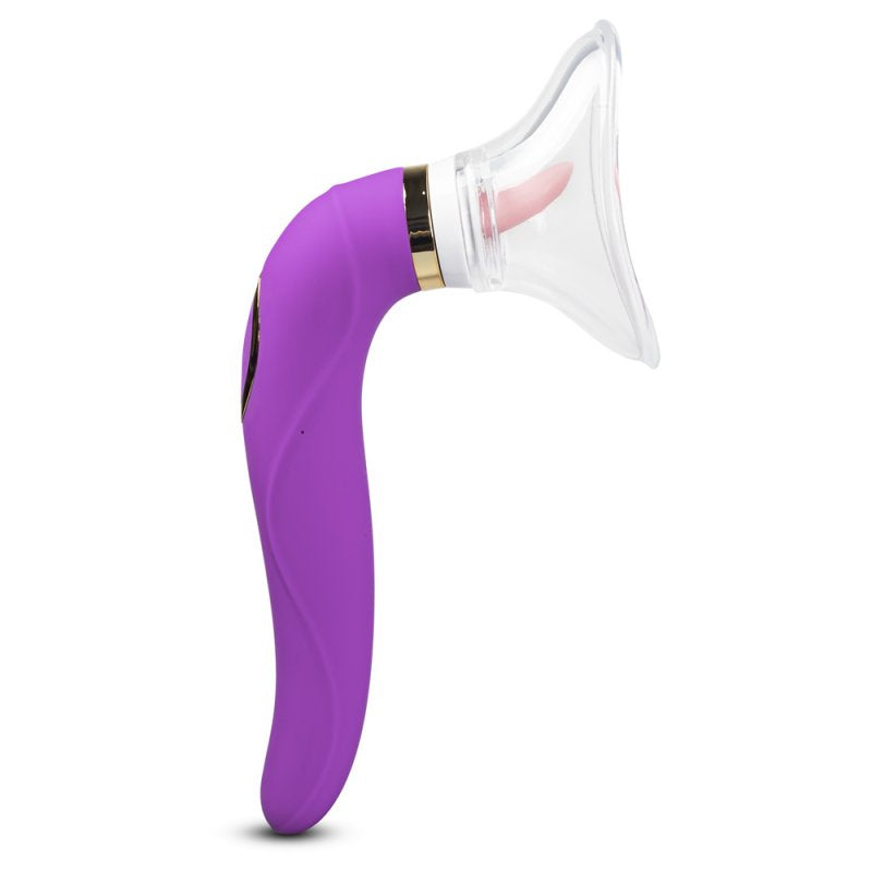 Sextoy de stimulation clitoridienne avec succion, vibration et langue mobile, livré avec deux embouts.
