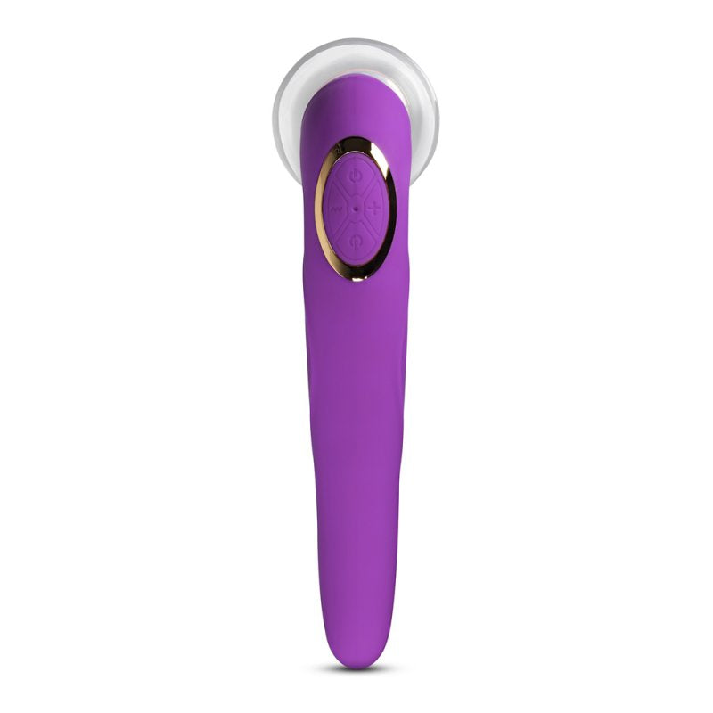 Stimulateur clitoridien violet multifonction avec aspiration, vibration et accessoires interchangeables.