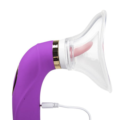 Stimulateur intime en silicone violet avec effet léchage, aspiration et vibrateur intégré.